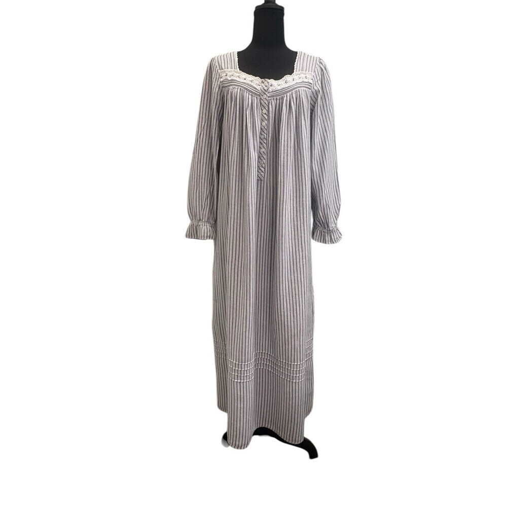 Eileen West Ticking Stripe Flannel Nightgown Size S